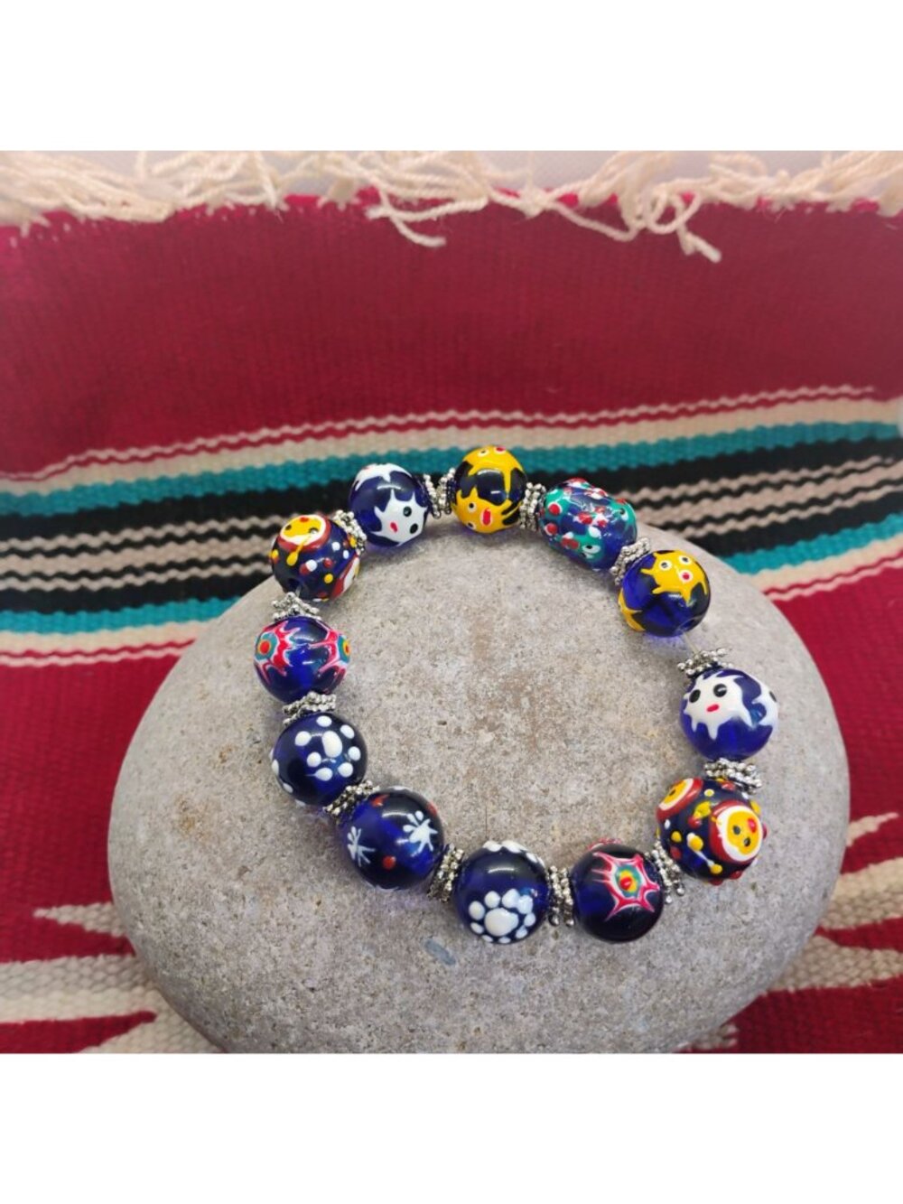 Handmade Lampwork Glass Bead Bracelet Cobalt Blue Yellow OOAK - Picture 7 of 9